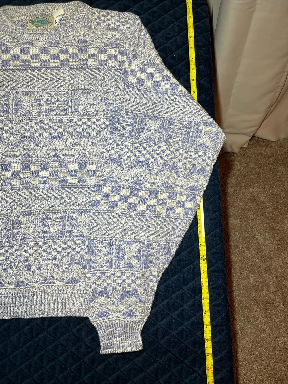 Vintage Men's Patterned Crewneck Sweater - Blue & White - 100% Cotton